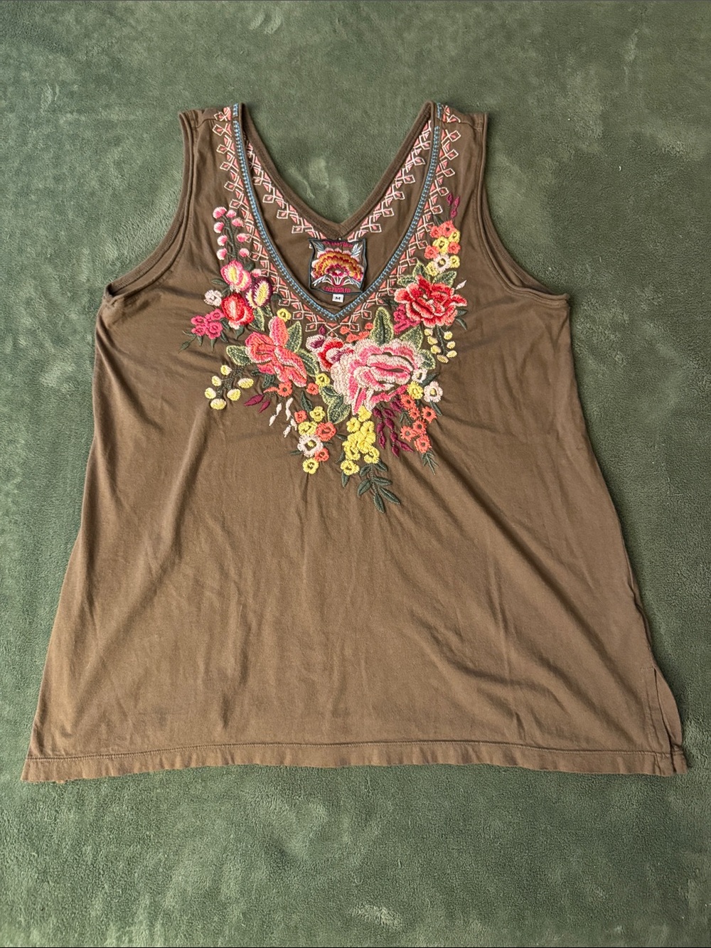 Johnny Was Brown Tank Top with Pink, Red & Yellow Floral Embroidery